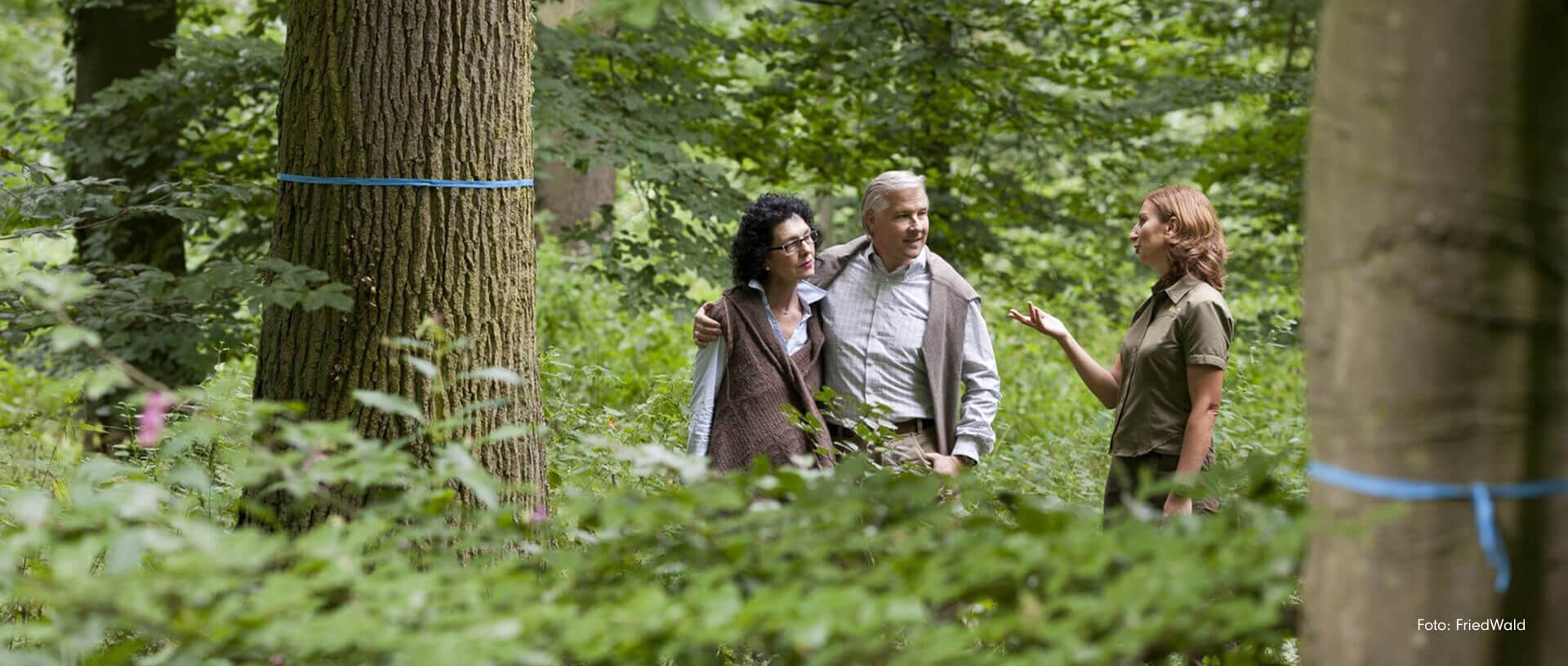 Three people stand in a wooded area surrounded by trees and dense green vegetation. One person appears to be explaining or discussing something with the other two. Several trees in the foreground and background are marked with blue bands. The image depicts a guided conversation or consultation taking place in a natural forest setting.