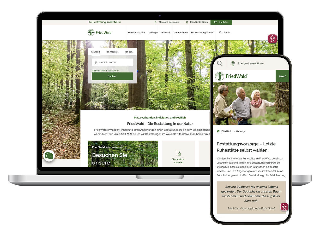 Laptop and smartphone screens showing the FriedWald website, demonstrating responsive web design and accessibility across desktop and mobile devices.