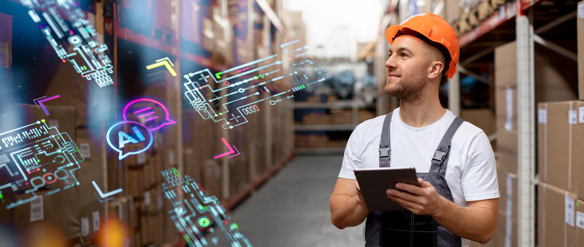 A worker wearing an orange hard hat and overalls, holding a tablet while standing in a warehouse. Digital AI elements and holographic data are displayed around him | e commerce shop SUNZINET