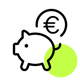 Ein Sparschwein mit einer Euro-Münze darüber, vor einem leuchtend grünen, kreisförmigen Hintergrund – symbolisiert Kosteneinsparungen und operative Effizienz.