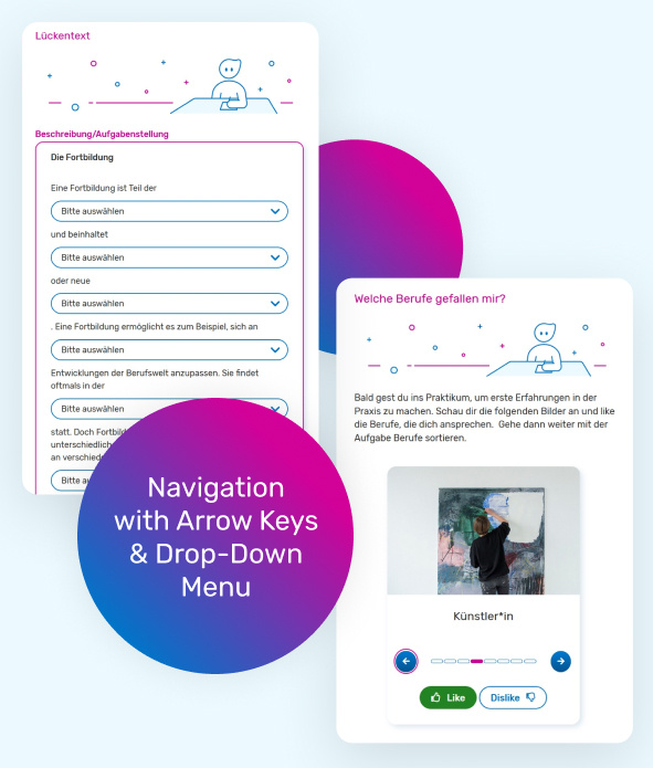 Two app screens show interactive elements of the 