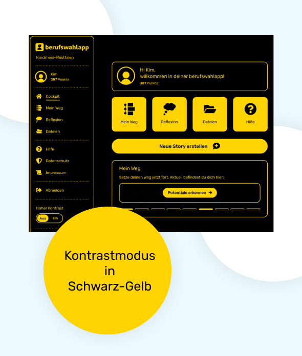 Ein Screenshot der „berufswahlapp“ im Kontrastmodus mit einer schwarz-gelben Farbgestaltung. Die Benutzeroberfläche zeigt eine gut lesbare, kontrastreiche Darstellung mit gelben Texten und Symbolen auf schwarzem Hintergrund. Links befindet sich ein Menü mit verschiedenen Navigationspunkten, während der Hauptbereich zentrale Funktionen wie „Mein Weg“, „Reflexion“ und „Dateien“ enthält. Unten links hebt ein großer gelber Kreis mit der Aufschrift „Kontrastmodus in Schwarz-Gelb“ die barrierefreie Anpassungsmöglichkeit der App hervor.