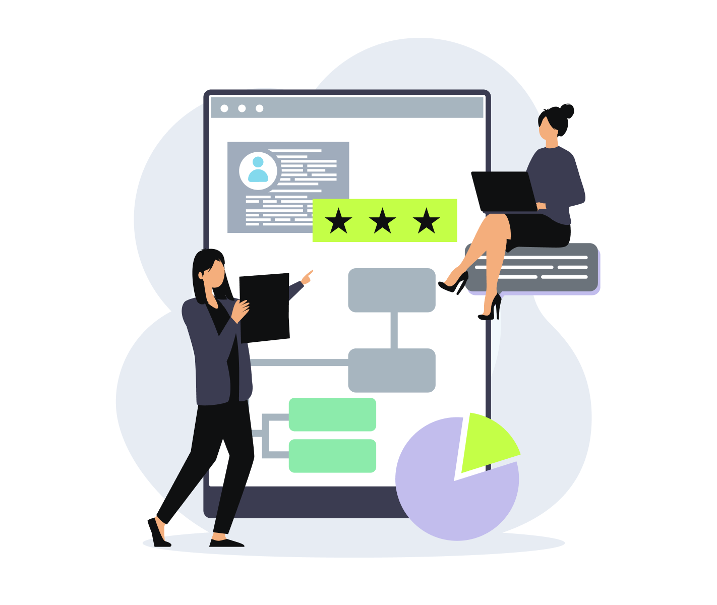 Illustration of two women reviewing a large digital dashboard with a flowchart, profile information, a star rating and a pie chart.