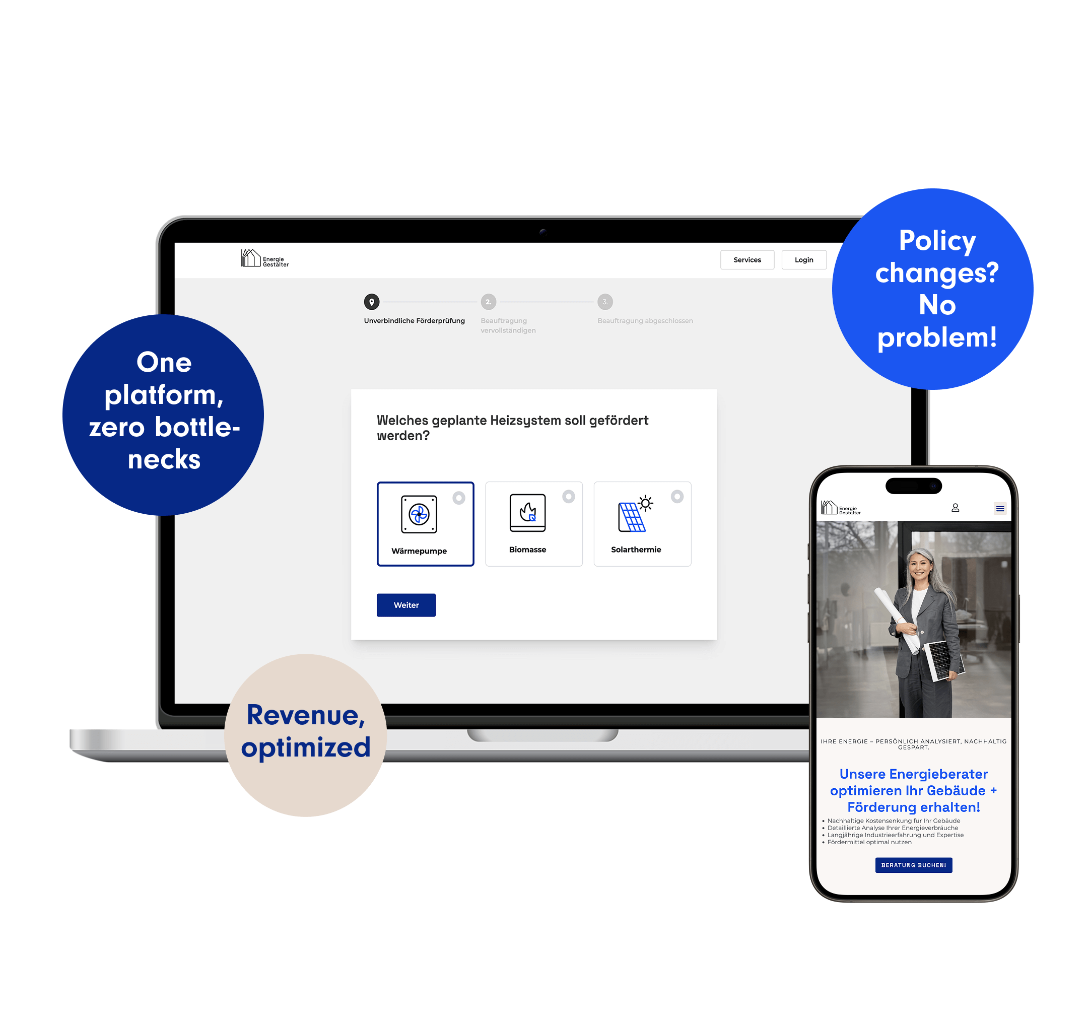 A mockup of a laptop and a smartphone showcasing the final look of the website. There are 3 colorful bubbles surrounding the mockup, listing benefits of the new platform. | legacy system modernization SUNZINET