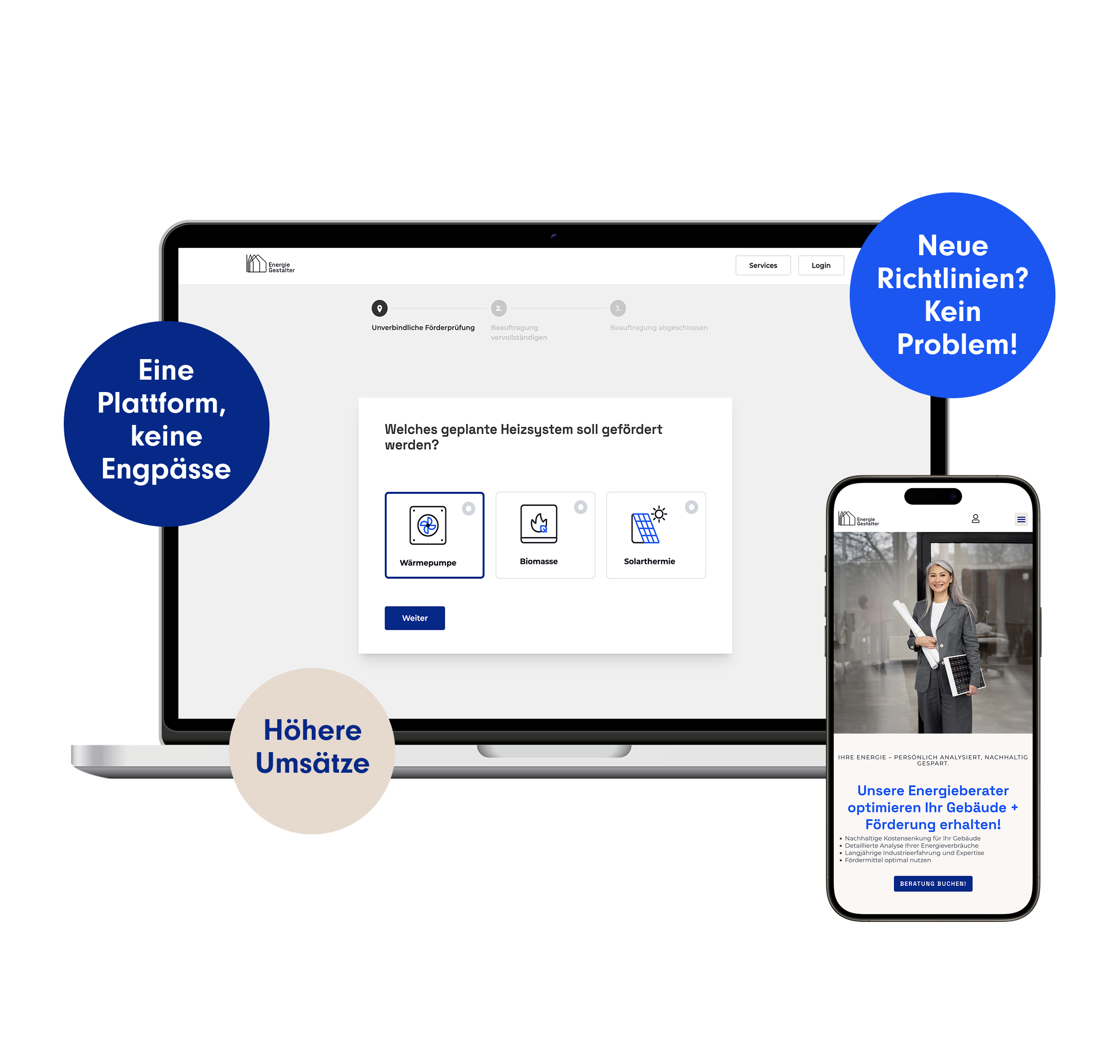 Ein Mockup eines Laptops und eines Smartphones, das das endgültige Aussehen der Website zeigt. Drei farbenfrohe Blasen umgeben das Mockup und listen die Vorteile der neuen Plattform auf.