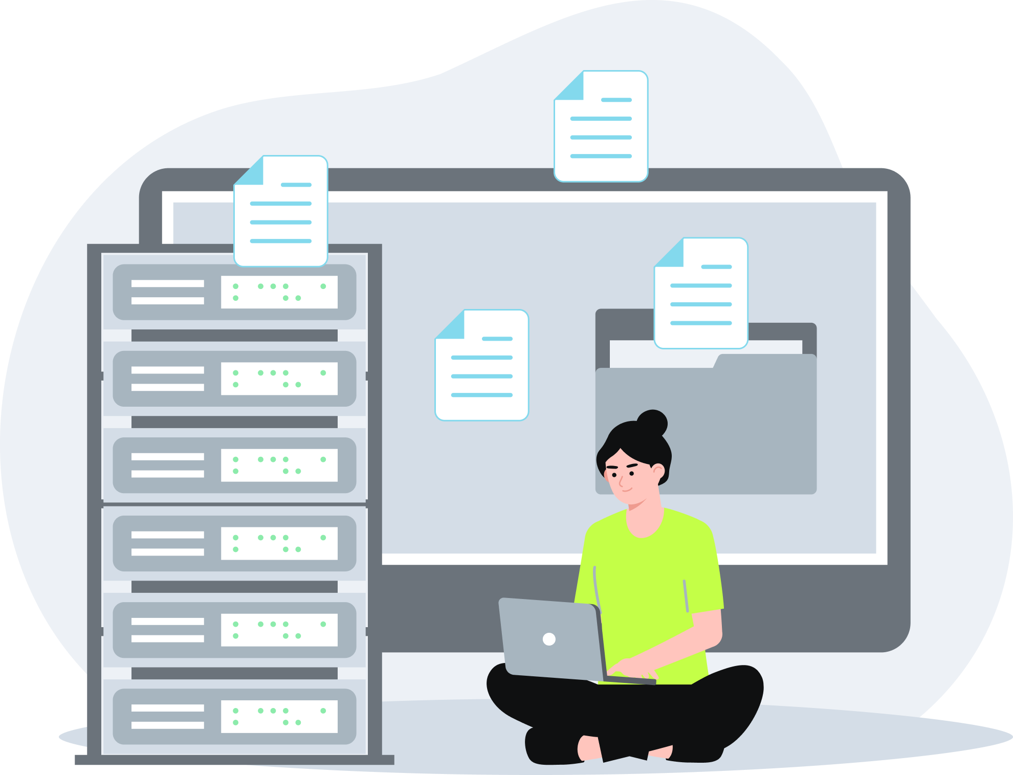 A vector graphic showcasing a woman in a green t-shirt sitting on the floor with a personal computer on her lap. Next to her there is a data center with hard drives stacked one on top of another. There are blue icons of document files floating above and behind her. | legacy system modernization SUNZINET