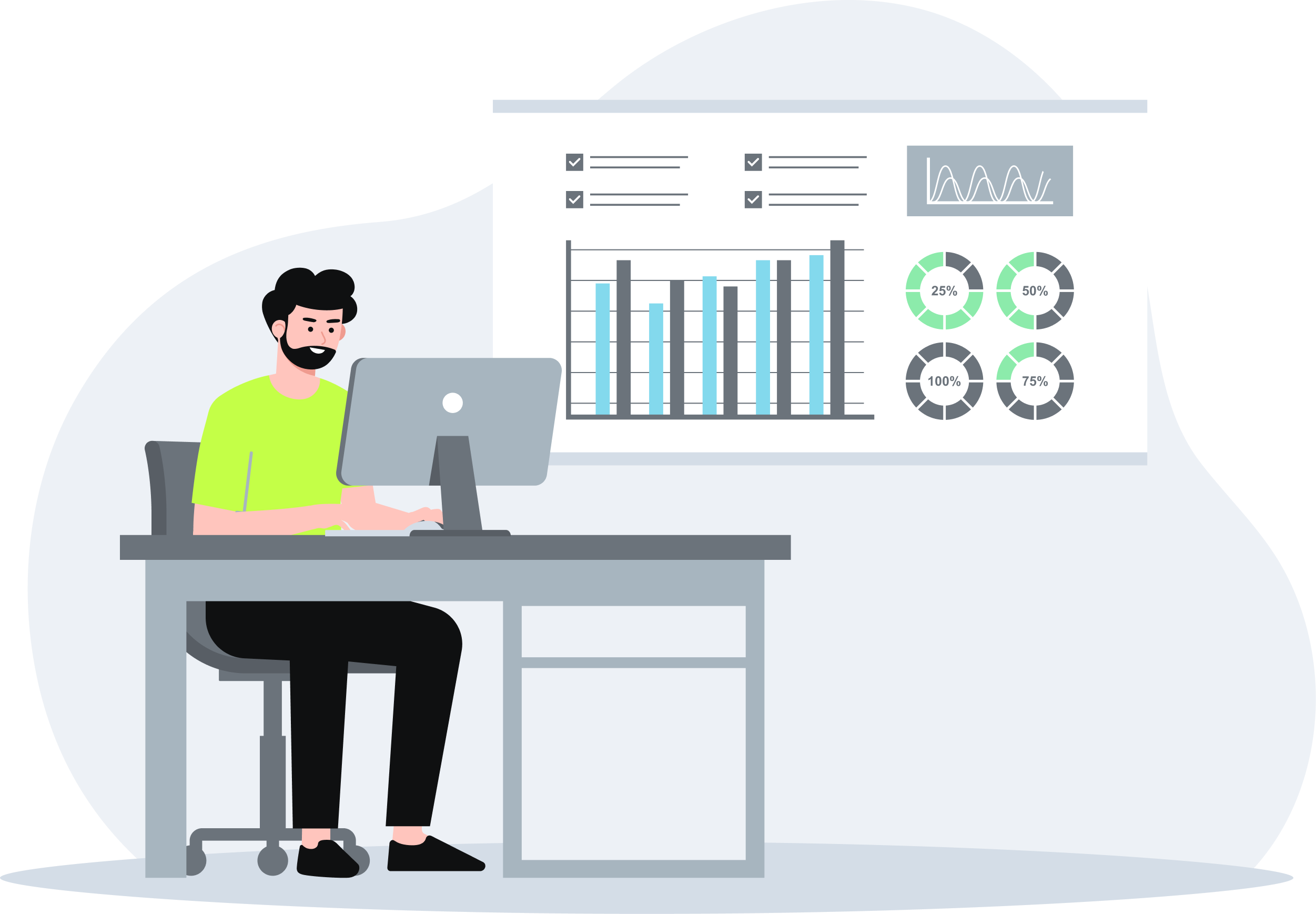 A vector graphic presenting a man in a green t-shirt sitting at the desk in an office setting. Behing him there is a dashboard with bar graphs and pie charts. | legacy system modernization SUNZINET