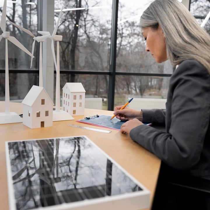 Eine Frau mit langem, grauem Haar sitzt an einem Schreibtisch und arbeitet mit einem Bleistift an einer Blaupause. Auf dem Schreibtisch stehen architektonische Modelle von Häusern, ein Solarmodul und Windkraftanlagen. Im Hintergrund sind durch große Fenster eine natürliche Landschaft zu sehen.