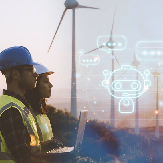 A man and a woman, both wearing safety helmets and high-visibility vests, are standing side by side in front of wind turbines, while a glowing AI chatbot icon and speech bubbles appear overlaid on the image | AI Chatbot SUNZINET 