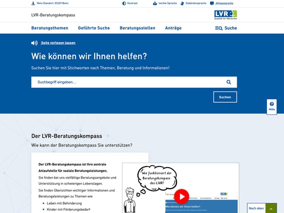 Ein Tablet mit dem geöffneten Beratungskompass von LVR, auf dem ein Suchfeld und die Frage 
