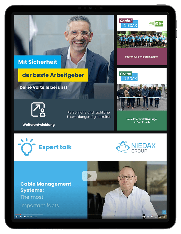 Tablet screen shows Niedax Group content: employer benefits, social and green initiatives, and an expert talk video on cable management systems | brand awareness SUNZINET