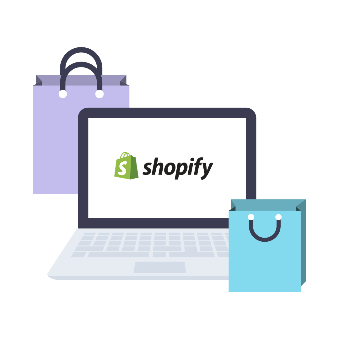 A laptop displaying the Shopify logo on its screen, surrounded by stylized shopping bags in different colors, representing online shopping and e-commerce. | Digital Agency SUNZINET