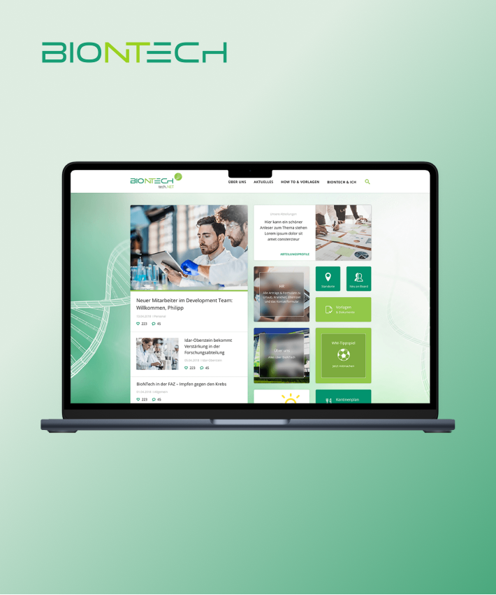 Biontech Kundenprojekt- Laptop-Bildschirm mit Biontech-Intranet-Aufnahme im grünen Hintergrund - Digitalagentur für Intranet-Relaunch