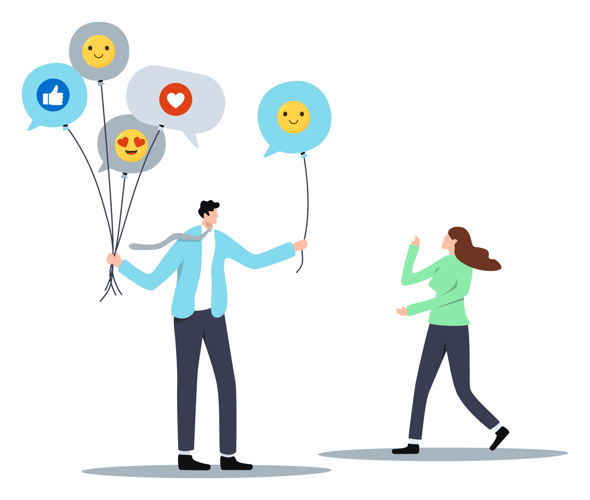 Infographic showcasing two people. A man is holding a buch of baloons with social media reaction icons and is handing one of the balloons to the woman on the right.
