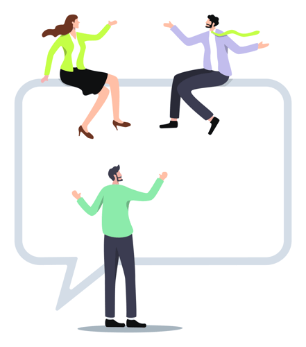 Infographic showcasing three people. A man and a woman are sitting on top of a frame looking like a conversation bubble. The third person stands beneath and looks up at them.