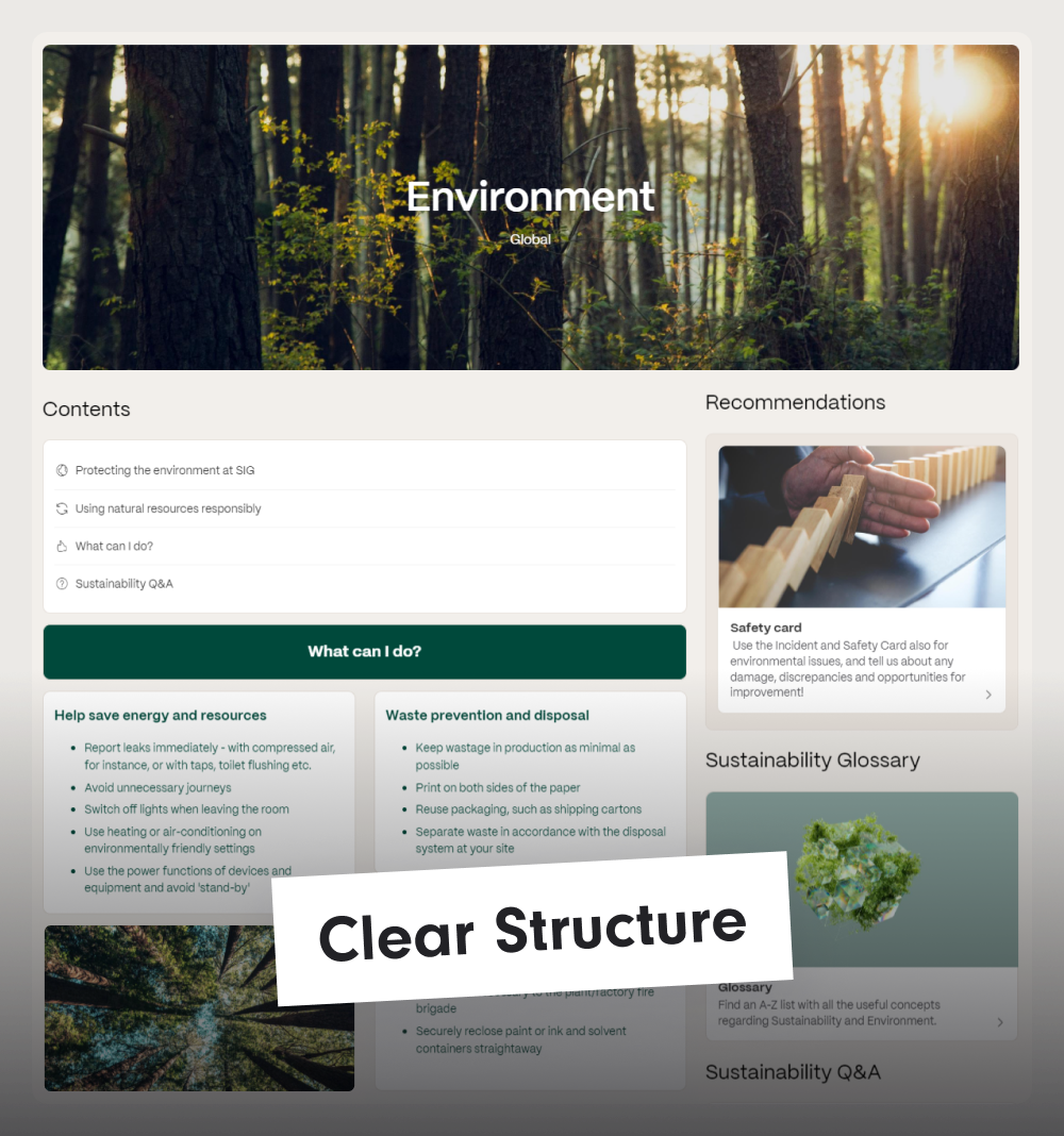 Clearly structured intranet page with ‘Clear presentation’ lettering