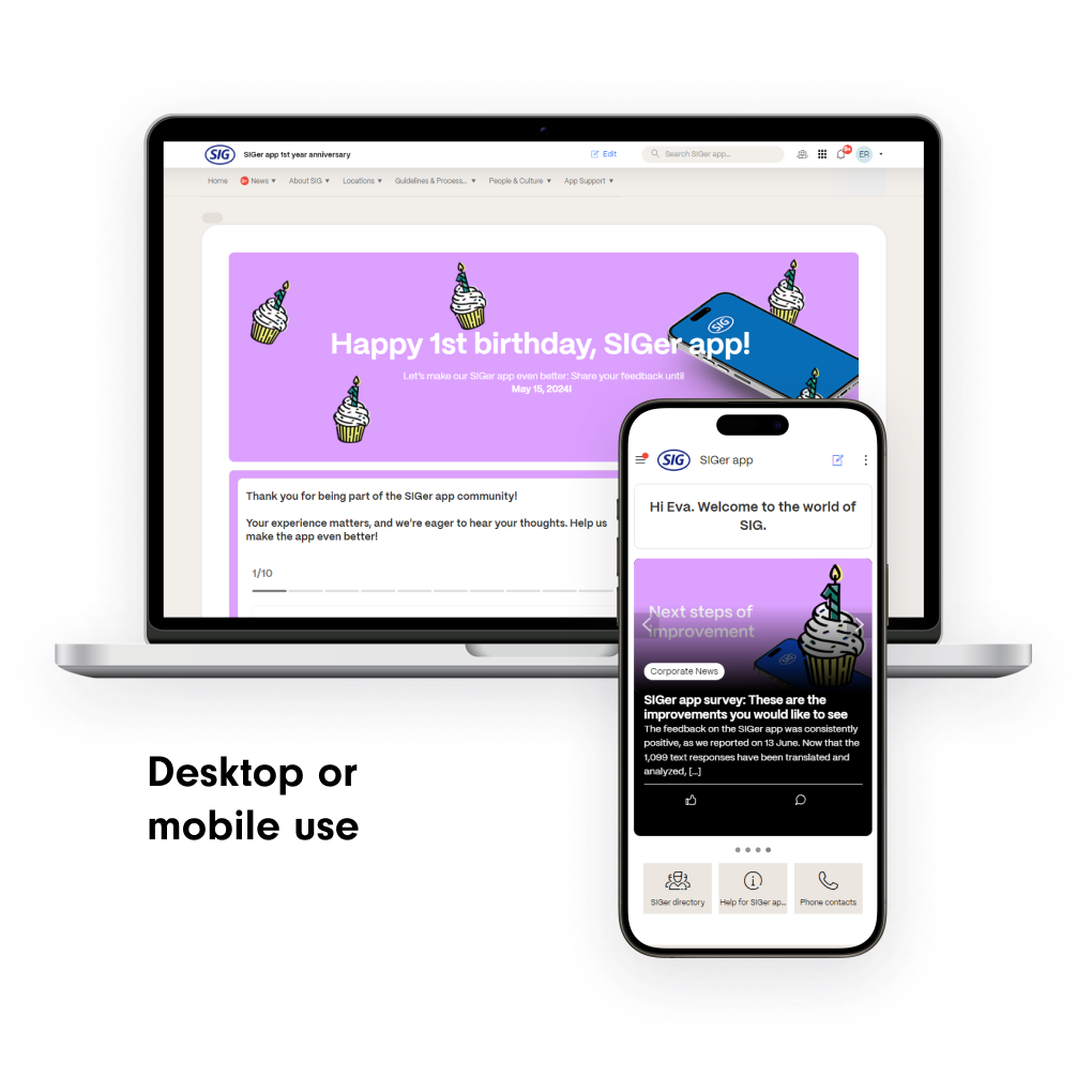Display of the intranet on laptop and smartphone with the words ‘Desktop or mobile use’