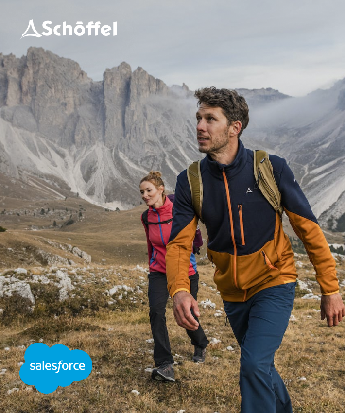 Schöffel Kundenprojekt - Bild mit sportlichem Mann & Frau - digitalagentur - Salesforce Marketing Cloud Implementierung.