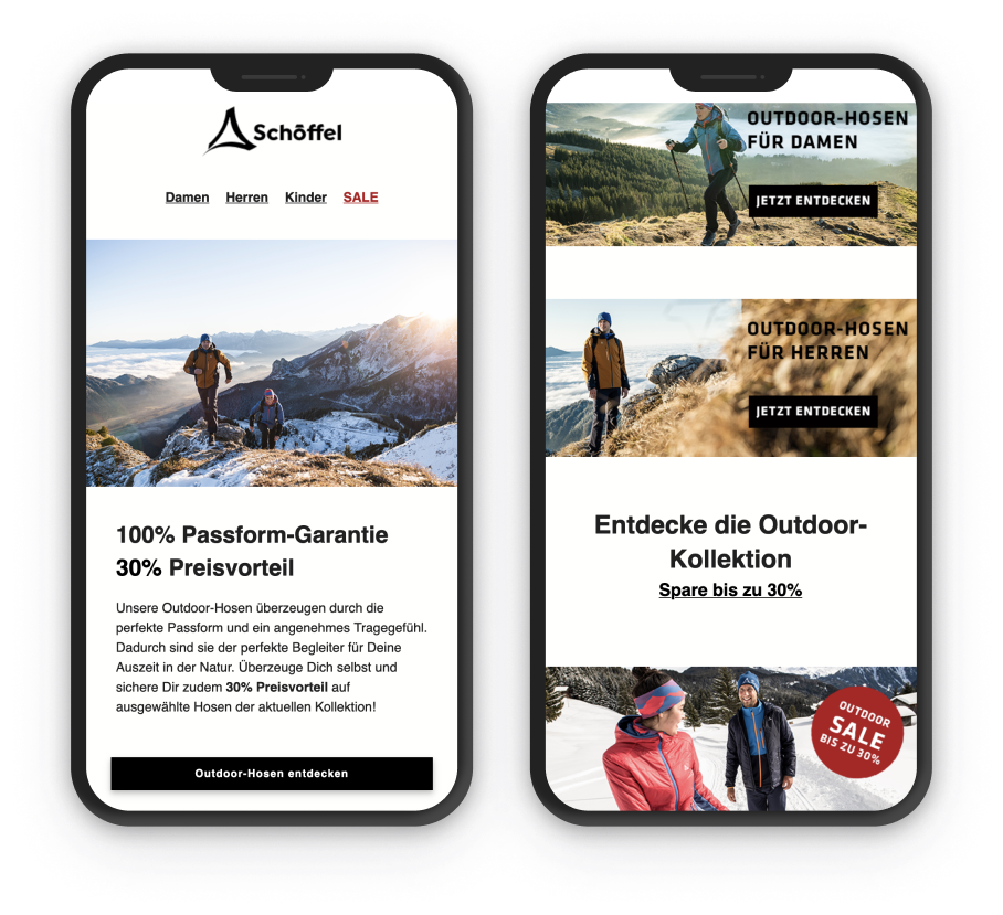 Two mobile screens show SUNZINET's client's website to communicate that SUNZINET has implemented Salesforce Marketing Cloud as a CRM consulting agency