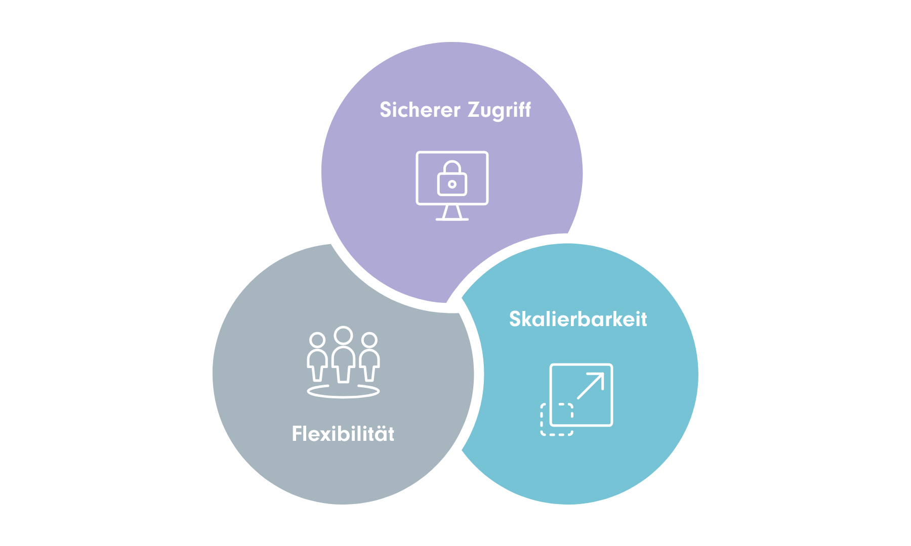 Drei Icons stellen dar, dass die Lösung einen sicheren Zugriff, Flexibilität und Skalierbarkeit vereint