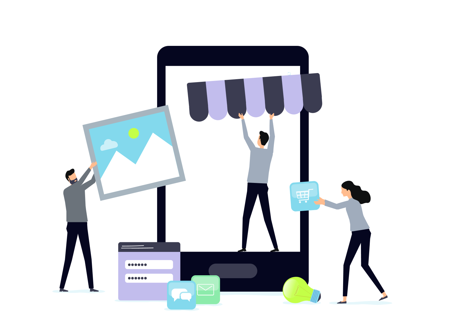 An illustration of people interacting with a large smartphone. One person is hanging a shop awning above the phone's screen, while another person is holding a shopping cart icon. A third person is placing a picture of a landscape into the phone. Additional icons representing communication, security, and ideas (chat, mail, password, and lightbulb) are scattered around the scene, symbolizing e-commerce and digital interaction.