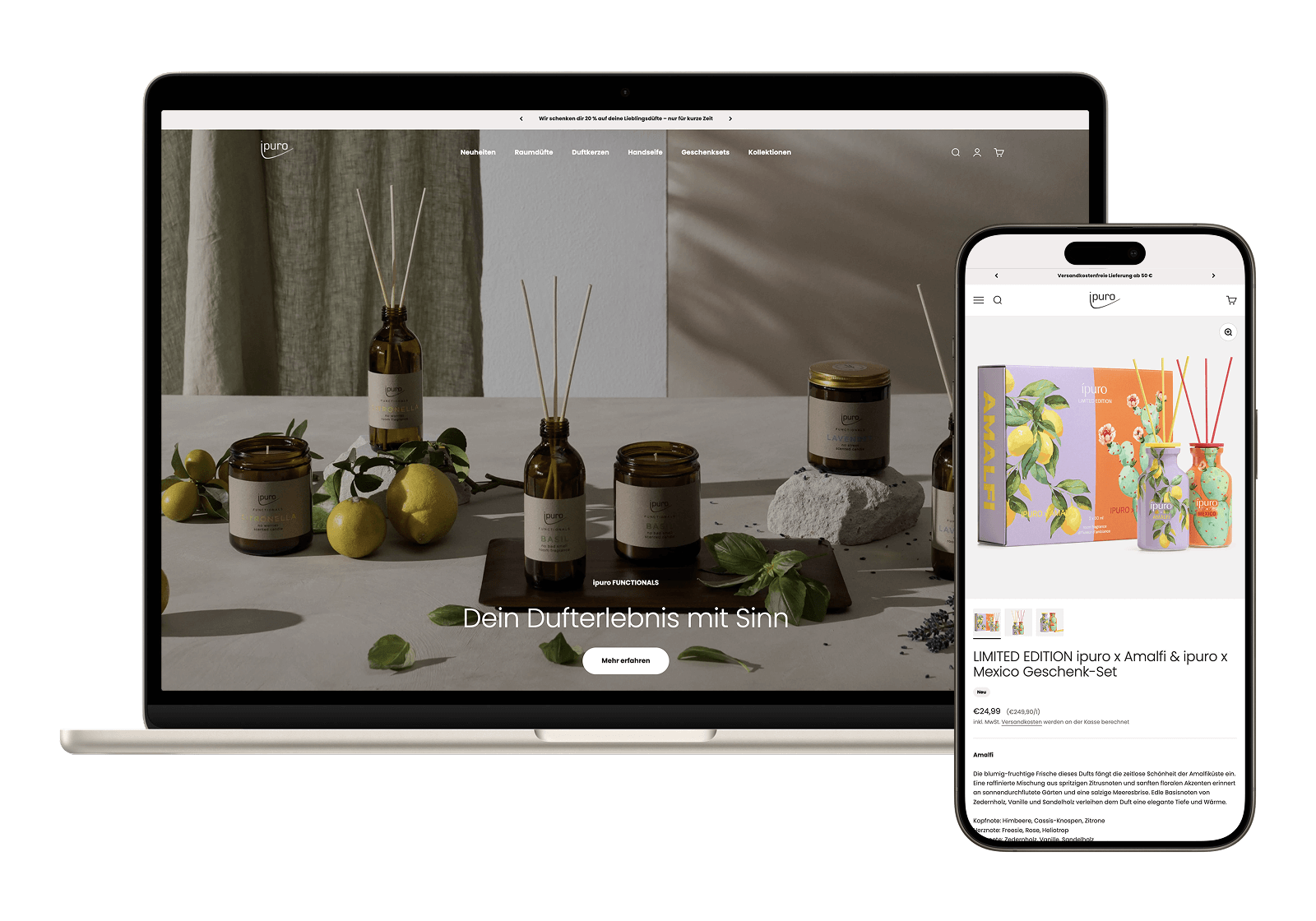 An image of a website and mobile phone showcasing iPuro’s products. On the laptop screen, the website displays a minimalistic layout with a set of citronella-scented candles and reed diffusers surrounded by fresh lemons. On the mobile screen, a limited edition 'Amalfi' gift set is shown with colorful packaging featuring lemon motifs. The text on the website reads 'Dein Dufterlebnis mit Sinn,' meaning 'Your fragrance experience with meaning.'