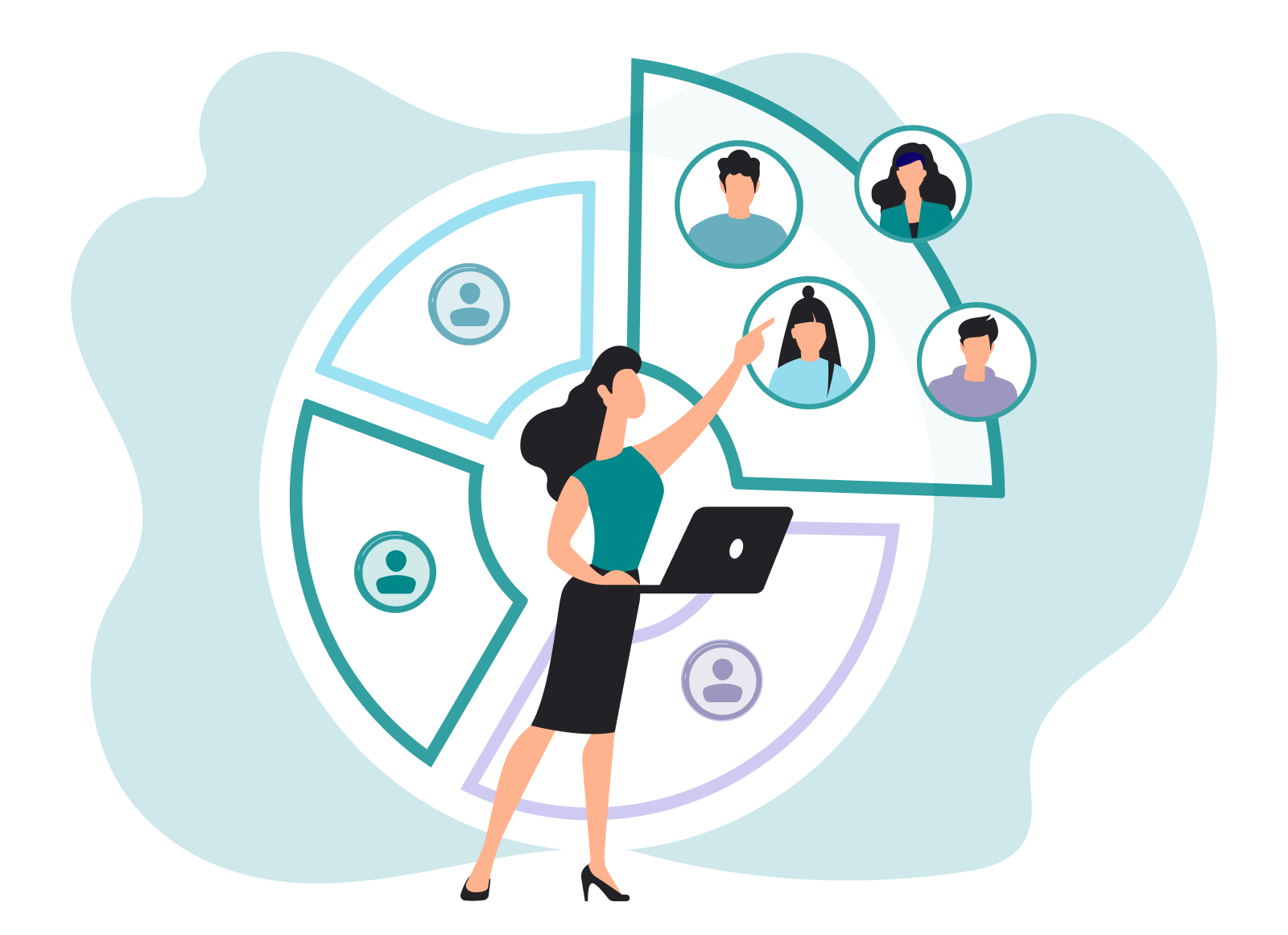 Illustration einer weiblichen Person, die einen geöffneten Laptop hält und mit de anderen Arm nach oben auf eine Personengruppe zeigt. Sie trägt ein grünes Shirt und einen schwarzen Rock. SUNZINET Digital Agentur