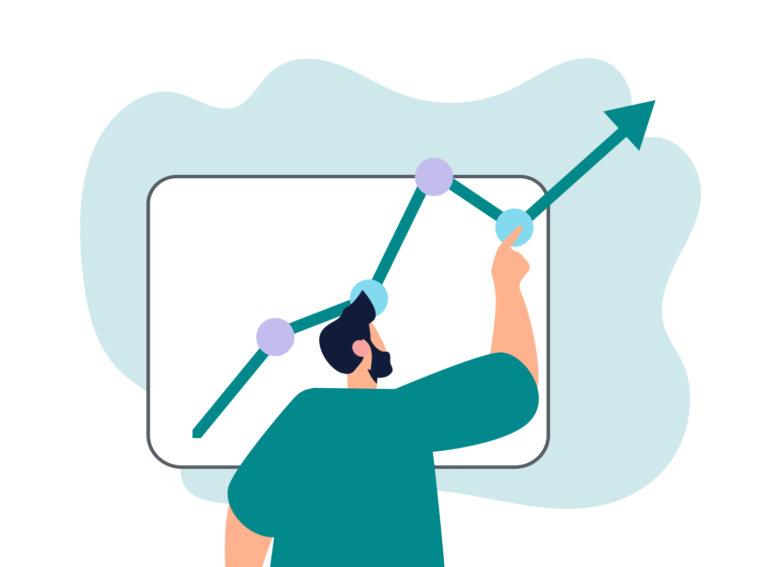 Illustration einer männlichen Person mit einem grünen Shirt sowie scharten Haaren und Bart, die auf einem Whiteboard auf einen nach oben zeigenden Grafen deutet. SUNZINET Digital Agentur