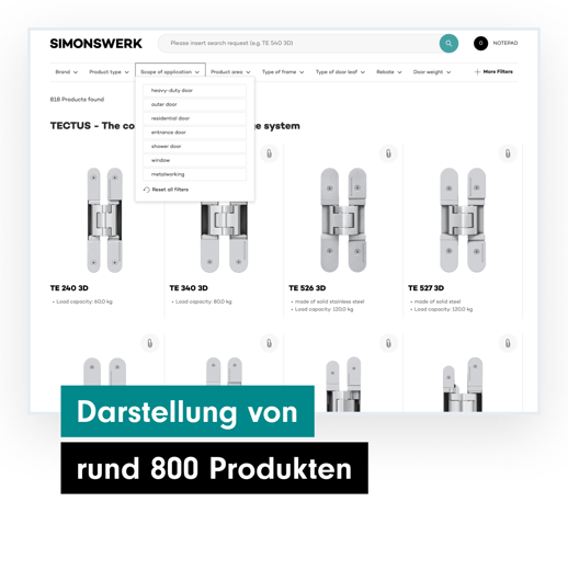 Produktselektor von SIMONSWERK mit rund 800 Produkten