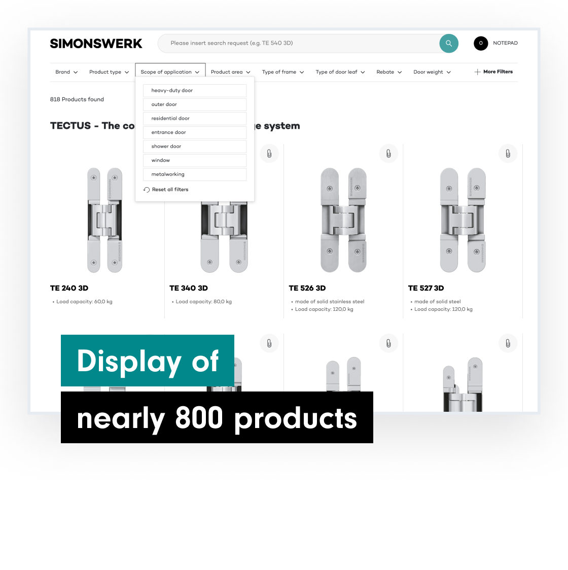 Product selector displaying 800 items