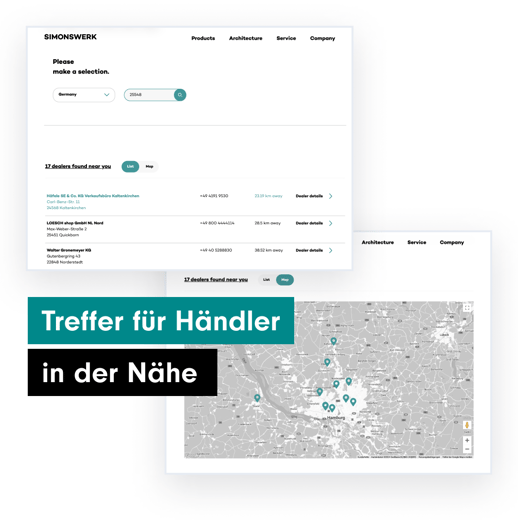 Händlersuche mit Listen- und Kartenansicht