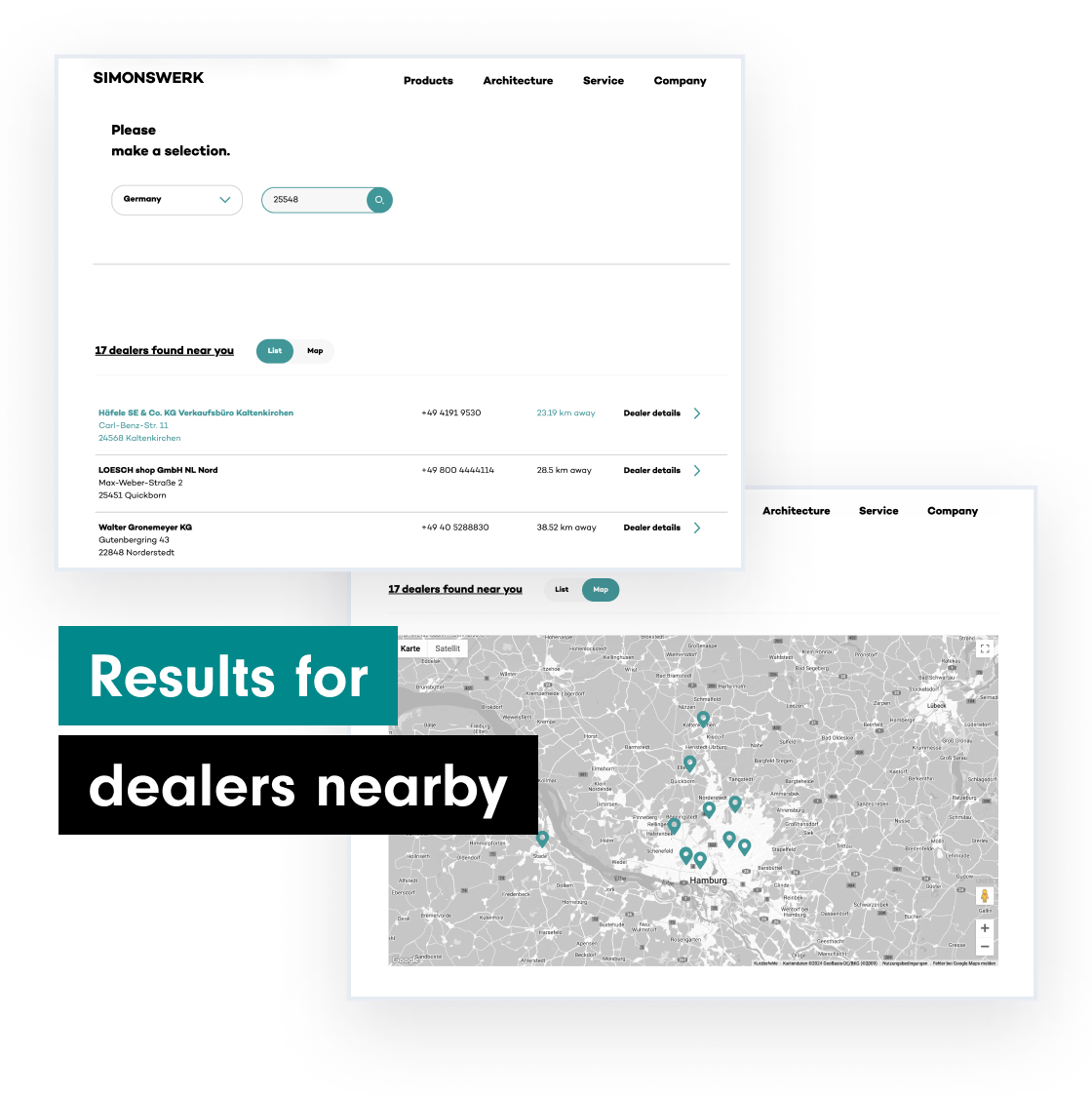 Dealer search in list and map view
