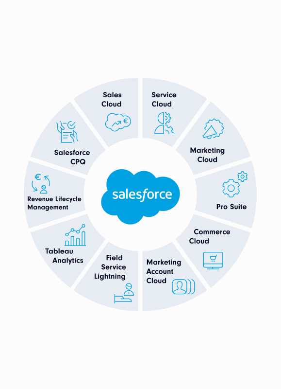 Infografik zu verschiedenen Salesforce-Lösungen | Integration von KI-Funktionen mit SUNZINET