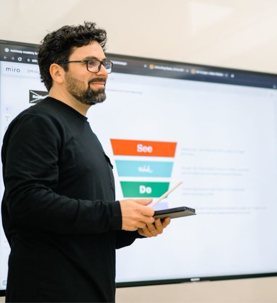  Ein Mann mit Brille und dunklem Pullover steht vor einem großen Bildschirm und hält ein Tablet sowie einen Stift in der Hand. Auf dem Bildschirm ist ein farbiges Trichterdiagramm mit den Worten „See“, „Add“ und „Do“ zu sehen. Er wirkt vorbereitet und scheint eine Präsentation oder Schulung zu halten.