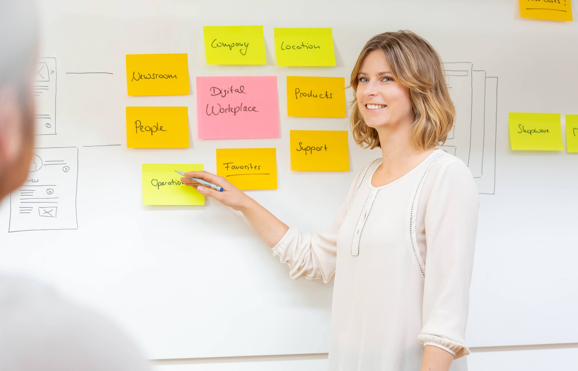 Eine Frau steht vor einer weißen Wand mit verschiedenen post its.