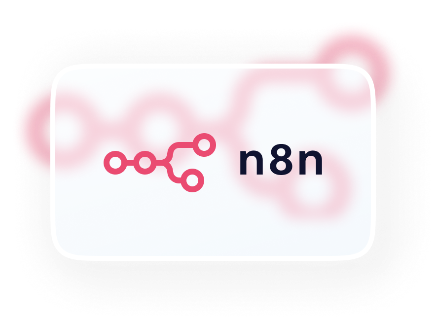 Logo von n8n auf einer weißen, abgerundeten Karte. Links ist ein stilisiertes Netzwerk aus verbundenen Punkten in Pink dargestellt, rechts daneben steht der Schriftzug „n8n“ in dunkler Schrift. Der Hintergrund zeigt weiche rosa Farbverläufe und dekorative, unscharfe Kreise, die dem Design einen modernen, technischen Look geben. | n8n Agentur SUNZINET