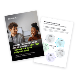 A minuature presenting the front page and the inside of the whitepaper. The front page showcases two young people - a man and a woman - in an office setting. | intranet communication SUNZINET