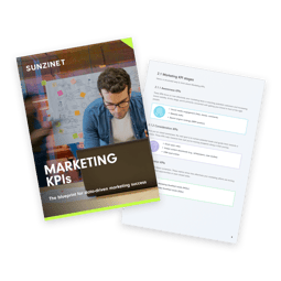 A miniature overview of marketing PDF document titled "Marketing KPIs: The blueprint for data-driven marketing success." The cover features a person working at a laptop in front of a whiteboard filled with diagrams and notes. The page next to the cover displays a detailed section titled "Marketing KPI stages" | data driven marketing SUNZINET