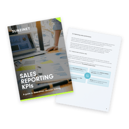 A digital guide titled 'Sales Reporting KPIs' from Sunzinet featuring data-driven decision-making, with a laptop displaying graphs and charts, symbolizing business strategy and sales performance analysis | sales reporting SUNZINET