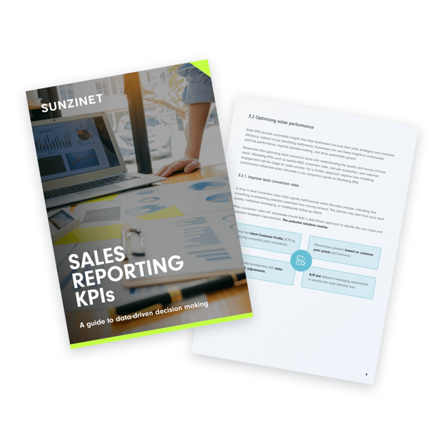 A digital guide titled 'Sales Reporting KPIs' from Sunzinet featuring data-driven decision-making, with a laptop displaying graphs and charts, symbolizing business strategy and sales performance analysis | sales reporting SUNZINET