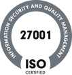 ISO 27001 Zertifizierungssiegel Ein rundes Siegel mit der Aufschrift „INFORMATION SECURITY AND QUALITY MANAGEMENT“ entlang des oberen Randes. In der Mitte steht die Zertifizierungsnummer „27001“. Unten befindet sich die Aufschrift „ISO CERTIFIED“ in schwarzer Schrift auf weißem Hintergrund. KI-Beratungvon SUNZINET