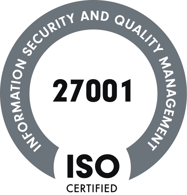 ISO 27001 Zertifizierungssiegel Ein rundes Siegel mit der Aufschrift „INFORMATION SECURITY AND QUALITY MANAGEMENT“ entlang des oberen Randes. In der Mitte steht die Zertifizierungsnummer „27001“. Unten befindet sich die Aufschrift „ISO CERTIFIED“ in schwarzer Schrift auf weißem Hintergrund. KI-Suche von SUNZINET