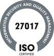 ISO-Zertifizierungssiegel 27017 Ein rundes Siegel mit der Aufschrift „INFORMATION SECURITY AND QUALITY MANAGEMENT“ um den Rand. In der Mitte steht die Zertifizierungsnummer „27017“ sowie die Aufschrift „ISO CERTIFIED“. KI-Beratung von SUNZINET
