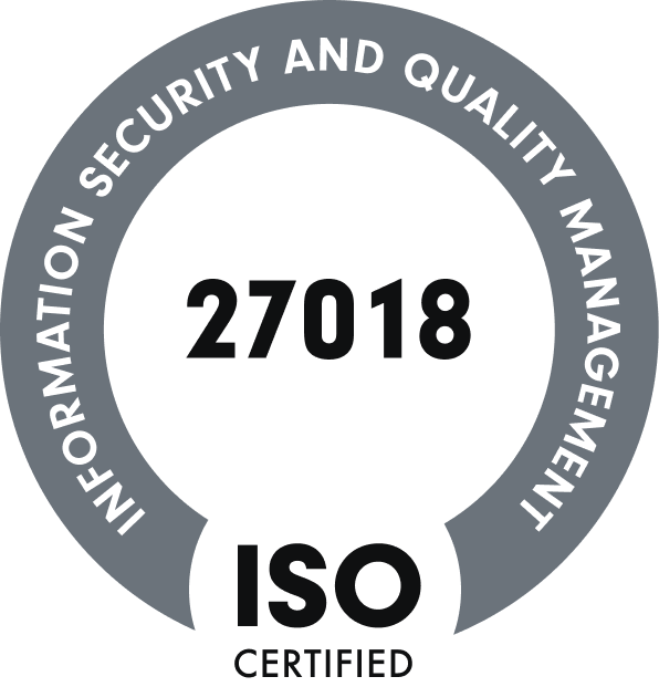 ISO-Zertifizierungssiegel 27018 Ein rundes Siegel mit der Aufschrift „INFORMATION SECURITY AND QUALITY MANAGEMENT“ um den Rand. In der Mitte steht die Zertifizierungsnummer „27018“ sowie die Aufschrift „ISO CERTIFIED“. KI-Suche von SUNZINET