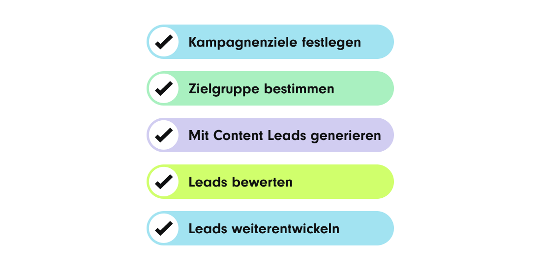 Die Schritte einer B2B-Kampagne: Kampagnenziele festlegen, Zielgruppe bestimenn, mit Content Leads generieren, Leads bewerten, Leads weiterentwickeln