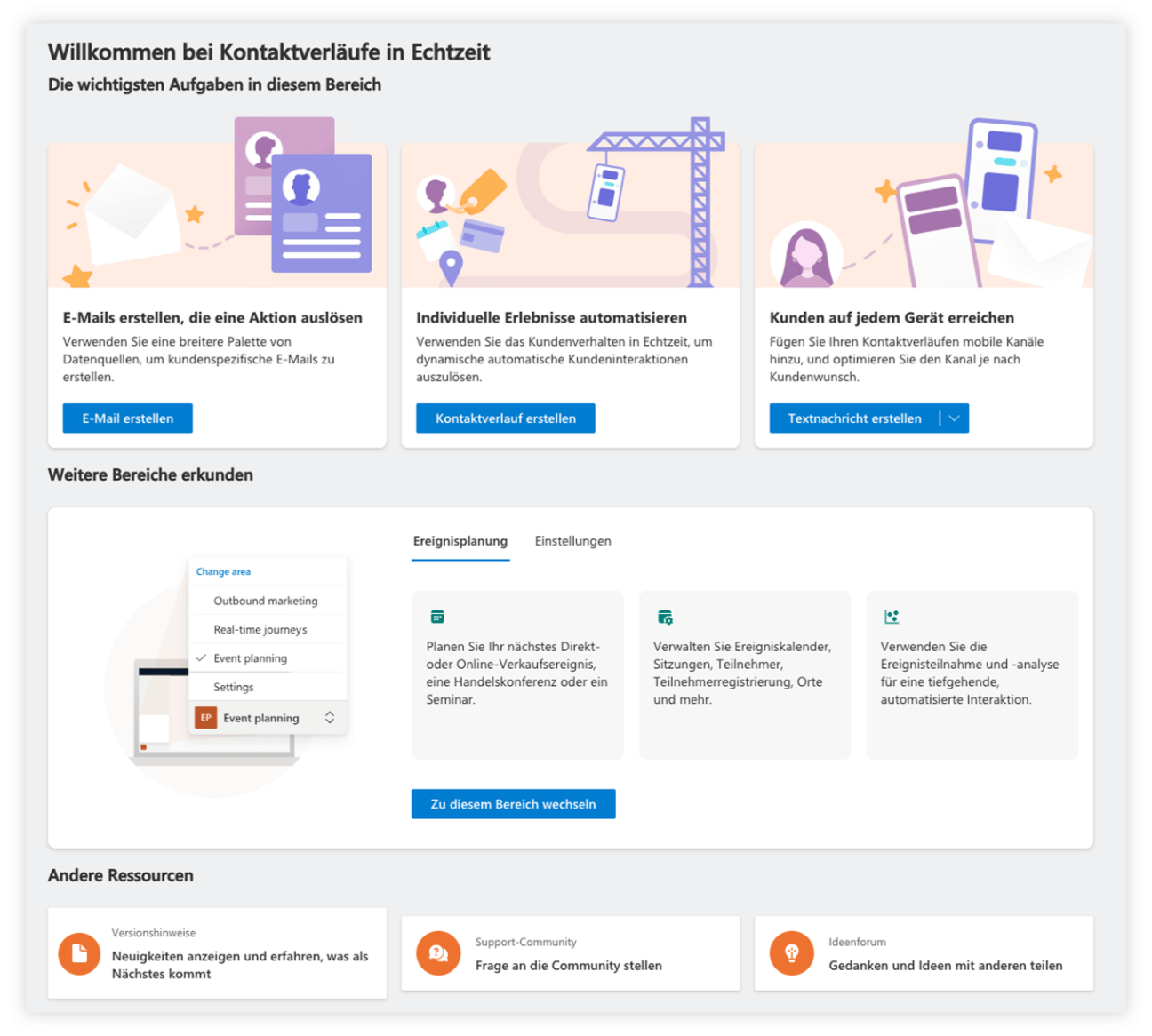 Übersicht in Microsoft Dynamics zeigt Optionen zur Erstellung von Echtzeit-Kontaktverläufen über E-Mail, SMS und andere Kanäle.