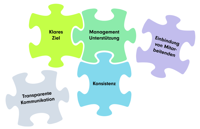 5 bunte Puzzleteile symbolisieren Erfolgsfaktoren im Change Management | Change Management Prozess SUNZINET