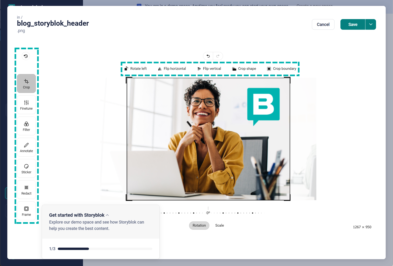 Screenshot vom Image Editor mit der Funktion zum Zuschneiden von Bildern.