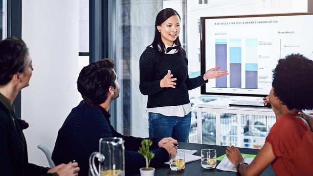 rofessional business meeting where a woman is presenting data on a screen to a group of colleagues | Marketing KPIs SUNZINET