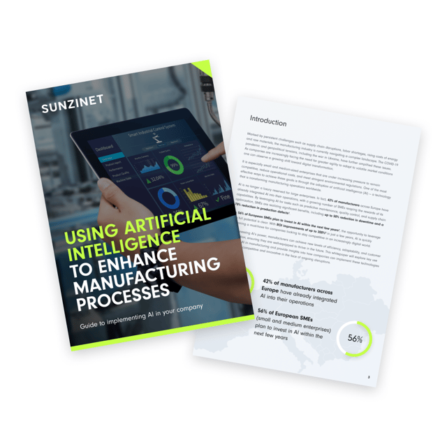 A graphic design featuring a brochure titled 'Using Artificial Intelligence to Enhance Manufacturing Processes', showing a person holding a tablet displaying data analytics and charts | AI for Manufacturing SUNZINET